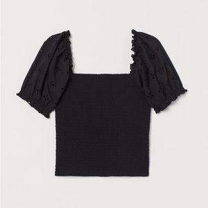 H&M smocked top with embroidered puff sleeves